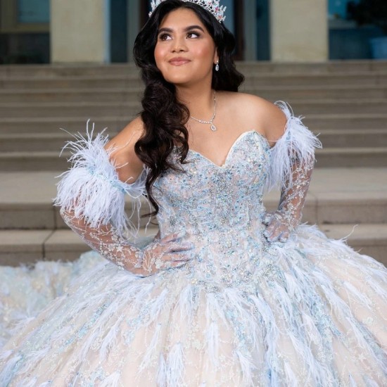 2024 Luxury Sky Blue Princess Quinceanera Dresses Beading Appliques Feather Party Dress Tulle Elegent Sweet Vestido De 15 16 Anos