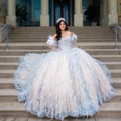 2024 Luxury Sky Blue Princess Quinceanera Dresses Beading Appliques Feather Party Dress Tulle Elegent Sweet Vestido De 15 16 Anos