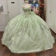 Off Shoulder Sage Green Gillter Quinceanera Dresses Ball Gown Appliques Lace Beading Tull Lace Up Sweet 16 Dress Vestido De 15