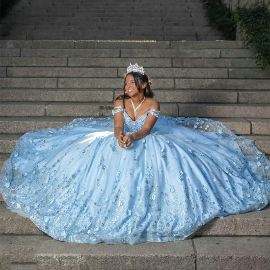 Shiny Princess Sky Blue Quinceanera Dresses Off Shoulder Lace Appliques Crystal Tull Ball Gown Sweet 16 Dresses Vestidos De 15